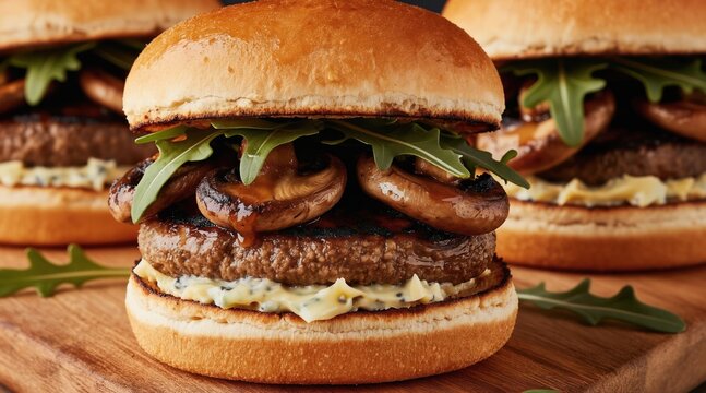Juicy grilled portobello mushroom burger with aioli and fresh arugula on soft bun. This gourmet veggie burger is a delicious plant based meal option. Great for cafes.