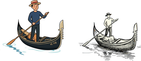 Venice gondola vector set with gondolier steering boat in color cartoon and vintage hand drawn sketch styles isolated on white background © MdArif