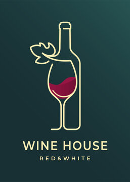 Elegant wine house logo with continuous line art bottle, glass, leaf and red wine wave, luxury minimalist vector illustration