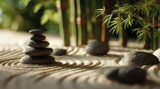 Zen Garden Harmony: A captivating zen garden arrangement. Stacked stones, carefully raked sand patterns, and verdant bamboo evoke a sense of tranquility and balance.