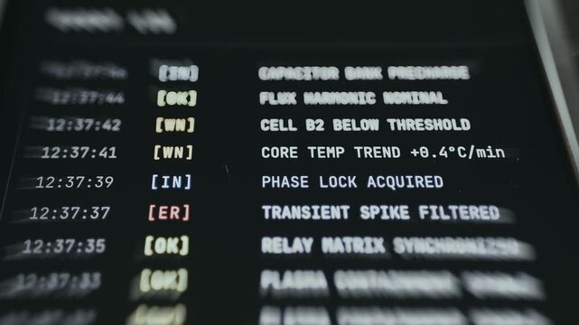 Futuristic sci-fi terminal screen featuring system status logs