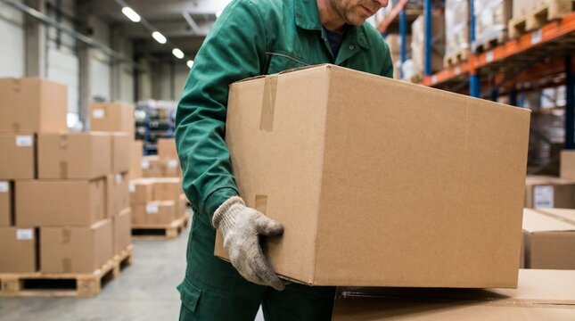 A worker in a warehouse lifting a large cardboard box from a stack onto a pallet with other boxes.