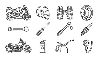 Motorcycle repair and biker equipment icons including helmet, tools, and tires. © Shakib
