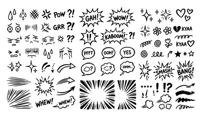 Large collection of hand drawn comic speech bubbles, starbursts, and text effects. © Shakib