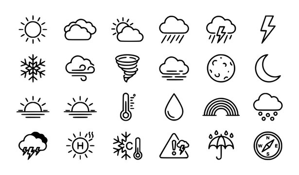Meteorological weather forecast symbols and climate conditions line art set
