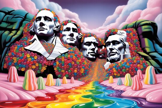 Mount Rushmore surreal oil painting with rainbow colors