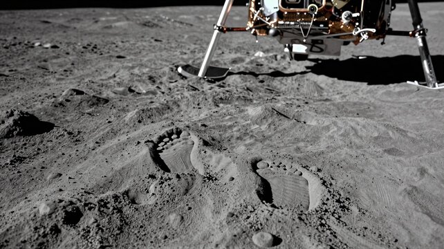 Footprints in Lunar Regolith with Lander Nearby