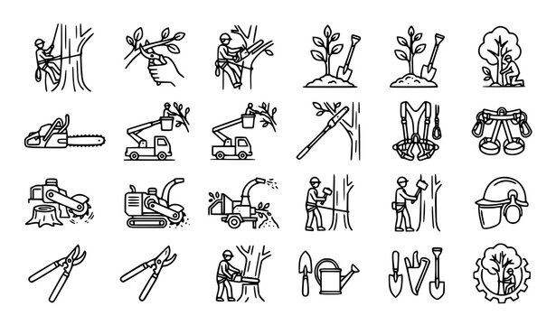 Arbourist and professional gardening tools line art icons featuring chainsaws and tree care.