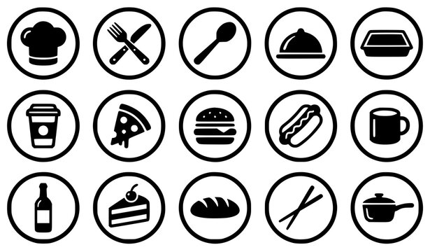 Set of circular restaurant and cafe icons featuring food, beverages, and bakery items.