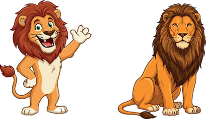 Cute cartoon lion character vector set featuring friendly waving anthropomorphic mascot and majestic sitting wild predator isolated on white background safari illustration © MdArif