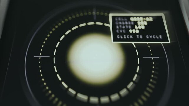 Concentric dashed circles with a central luminous spot representing a core and a data panel with metrics