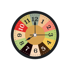 Modern Vintage Wall Clock Vector Illustration Featuring a Colorful Multi-Tone Analog Face and Minimalist Black Circular Frame. © Surajkalangada