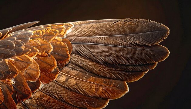 Close-up macro of a hawk wing feather with detailed barbs and barbules