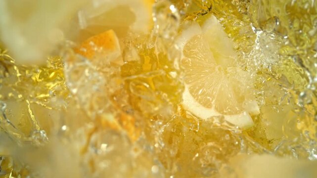 Super Slow Motion Shot of Fresh Lemon Slices Falling into Lemonade at 1000fps.