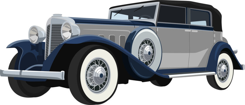 Vintage classic luxury car vector illustration, 1930s antique automobile