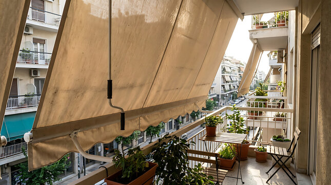 Retractable beige polyester awning with crank handle providing shade on a residential balcony overlooking a street scene