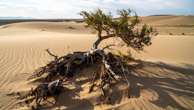 Twisted saxaul tree roots exposed by wind erosion in desert landscape