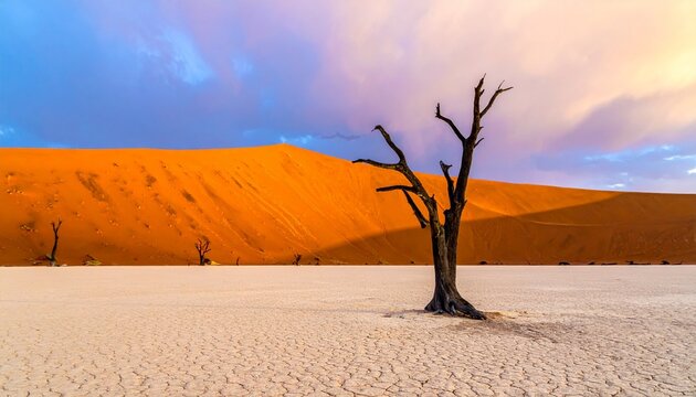 Dead acacia tree in cracked white clay pan with orange sand dunes at sunset