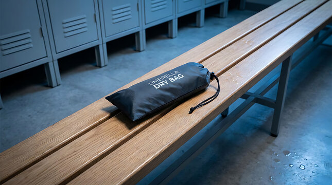 Waterproof umbrella dry bag placed on a wooden locker room bench