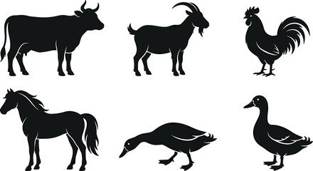 Farm animals silhouette vector set with black stencils of cow goat rooster horse goose and duck isolated on white background agricultural graphic design elements © MdArif