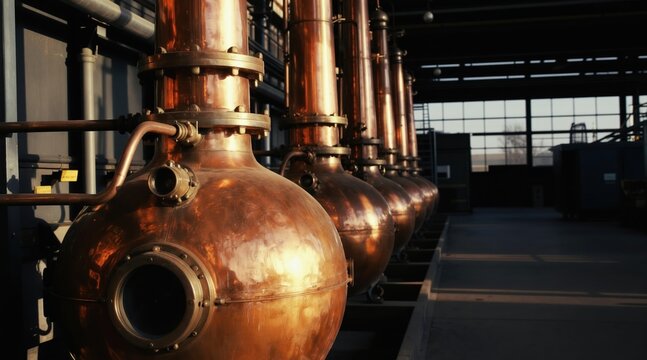 Copper stills lined up in a distillery workshop. Shiny metallic apparatus for alcohol production. Industrial machinery for brewing spirits like whiskey or gin.