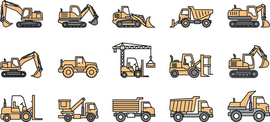 Silhouette of various construction vehicles and equipment in orange and black © MD
