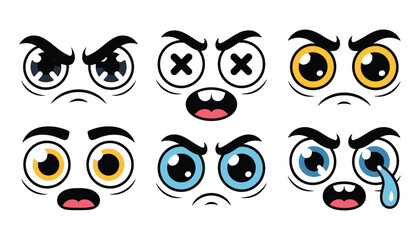 Fototapeta premium Cartoon eyes expressions set angry dazed sad and crying faces