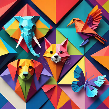 Origami animals from paper different geometric shapes crafting templates of elephant dog cat birds and butterfly recent vector set
