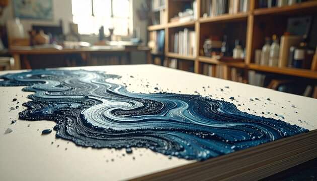 Close-up of blue and white marbled paper with swirling combed pattern
