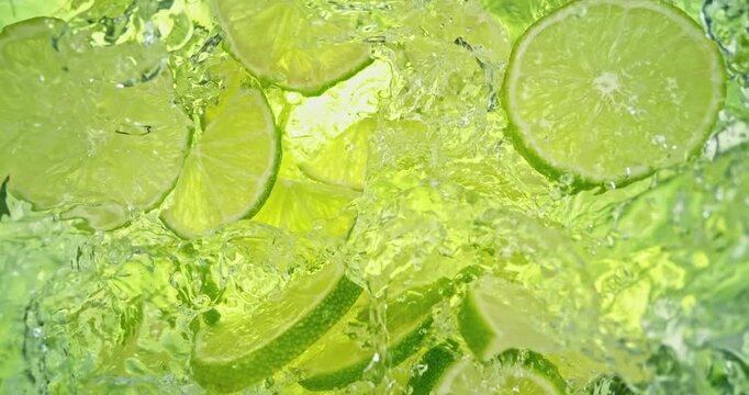 Super slow motion 1000fps video of fresh lime slices falling into rippling water, creating a sparkling splash, perfect for drink, cocktail, beverage and summer visuals.