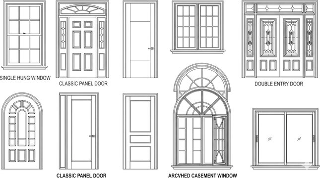 An extensive CAD library of architectural components, presenting various window and door types for precise construction documentation, blueprint creation, and design visualization