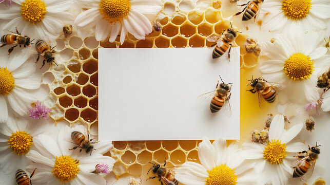 Busy bees swarm around delicate daisies and golden honeycomb, surrounding a blank white card for text.