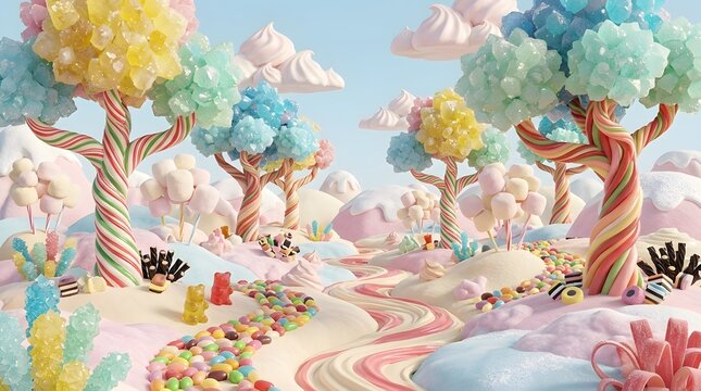 Candy Land Dreamscape: A whimsical and enchanting landscape comes alive with fantastical trees made of colorful candy and gumdrops. The terrain flows with vibrant candy rivers.