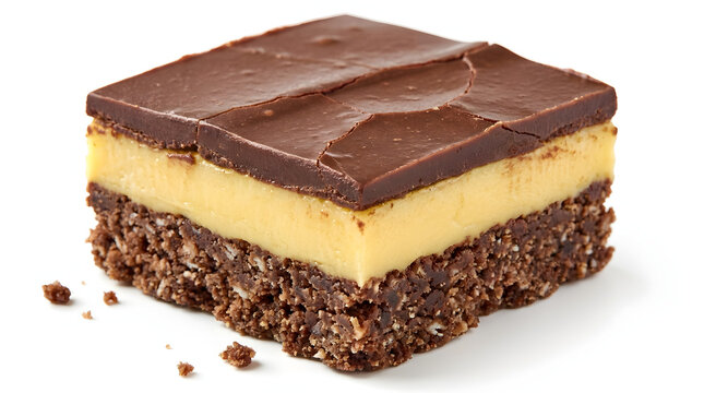 Delicious Canadian Nanaimo bar dessert with chocolate coconut base, custard center, and chocolate top on white background