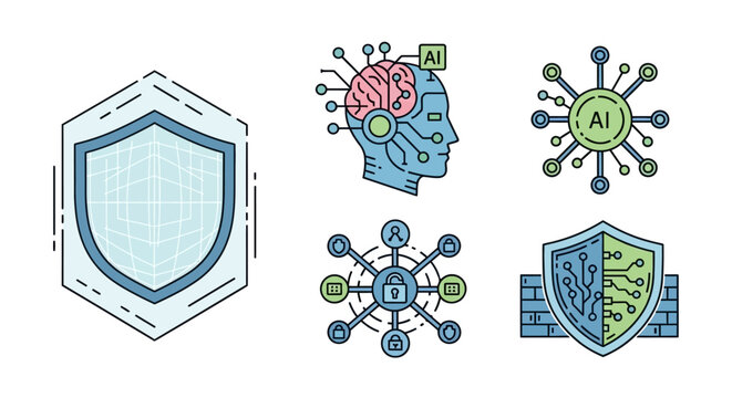 Cybersecurity icons with shield and brain.