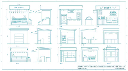 Blueprint elevation drawings of market stalls and retail kiosks in CAD for planning and design purposes © akila