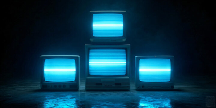 Three Retro Televisions with Blue Glow Dramatic Dark Room