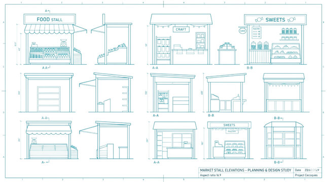 Blueprint elevation drawings of market stalls and retail kiosks in CAD for planning and design purposes
