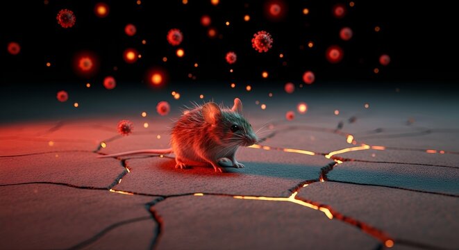 Futuristic mouse navigating cracked ground amid glowing red virus-like particles in an apocalyptic digital landscape