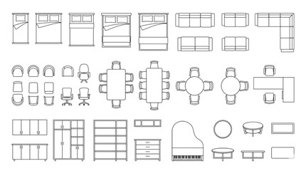 CAD furniture symbols A comprehensive top-view vector collection for architectural blueprints and interior design layouts, essential for detailed spatial planning and project development © akila