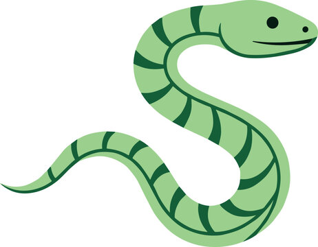 Green striped snake crawling in s shape curve vector illustration isolated on white background flat cartoon style slithering reptile animal character icon for kids project