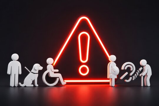 Accessibility risk warning concept with white figures and red exclamation sign for safety compliance teamwork and inclusive planning