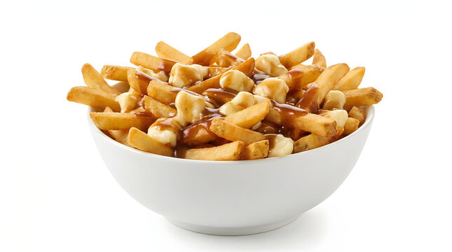 Traditional Canadian poutine with crispy fries, fresh cheese curds, and rich gravy isolated on a white background