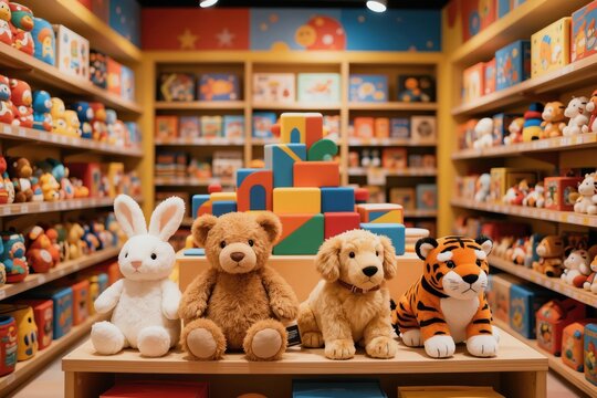 Soft plush stuffed animals sit on shelf in colorful toy store. Bunny, bear, dog, tiger toys arranged near building blocks. Shelves packed with games and merchandise.