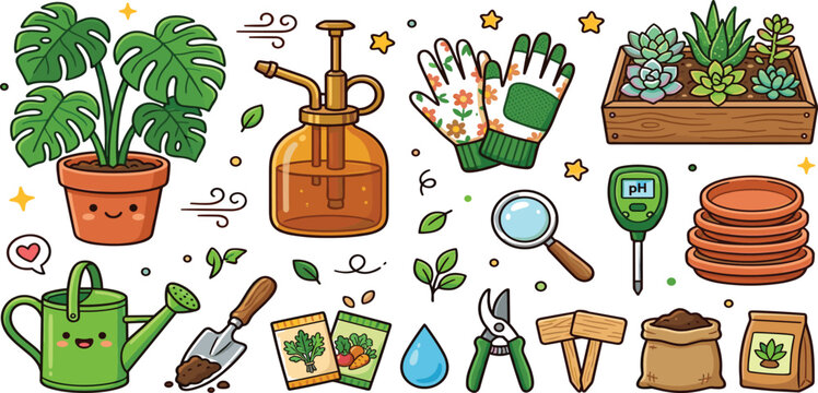 Cute Houseplant Care And Gardening Set With Monstera Succulents Watering Can Tools And Sprayer Bottle Cartoon Vector