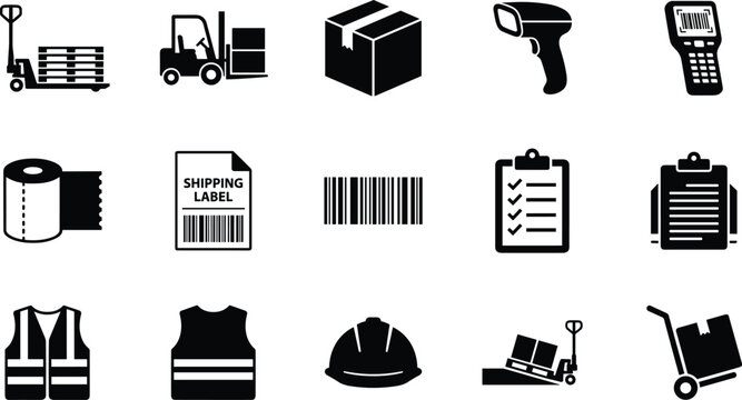 Minimalist Warehouse, Shipping, and Logistics Icon Set Featuring Forklifts, Packages, Barcodes, and Safety Equipment in Black and White