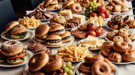 Fototapeta premium Various foods including hamburgers, french fries, bagels, cheese, fruits arranged on table. Spread suggests casual party catering event with plentiful options. People gather to enjoy festive meal,