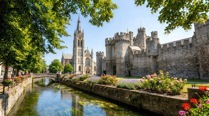 Obraz premium Medieval castle and church by a canal in ghent, belgium