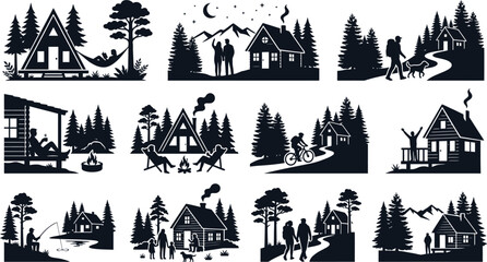 Fototapeta premium Cabins and forest activities lifestyle vector illustrations isolated on white background, Vector