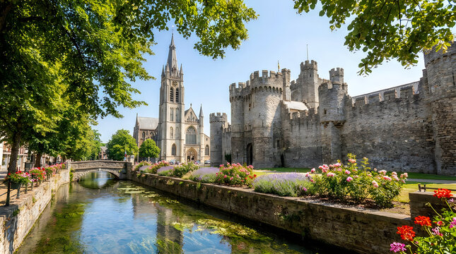 Medieval castle and church by a canal in ghent, belgium